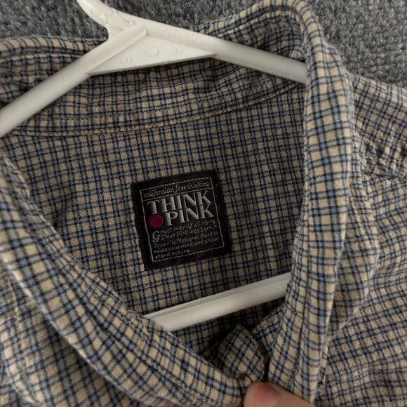 Think Pink Men Long Sleeve Button Up Shirt Blue Beige Check 2XL Pocket Adult - Picture 12 of 16